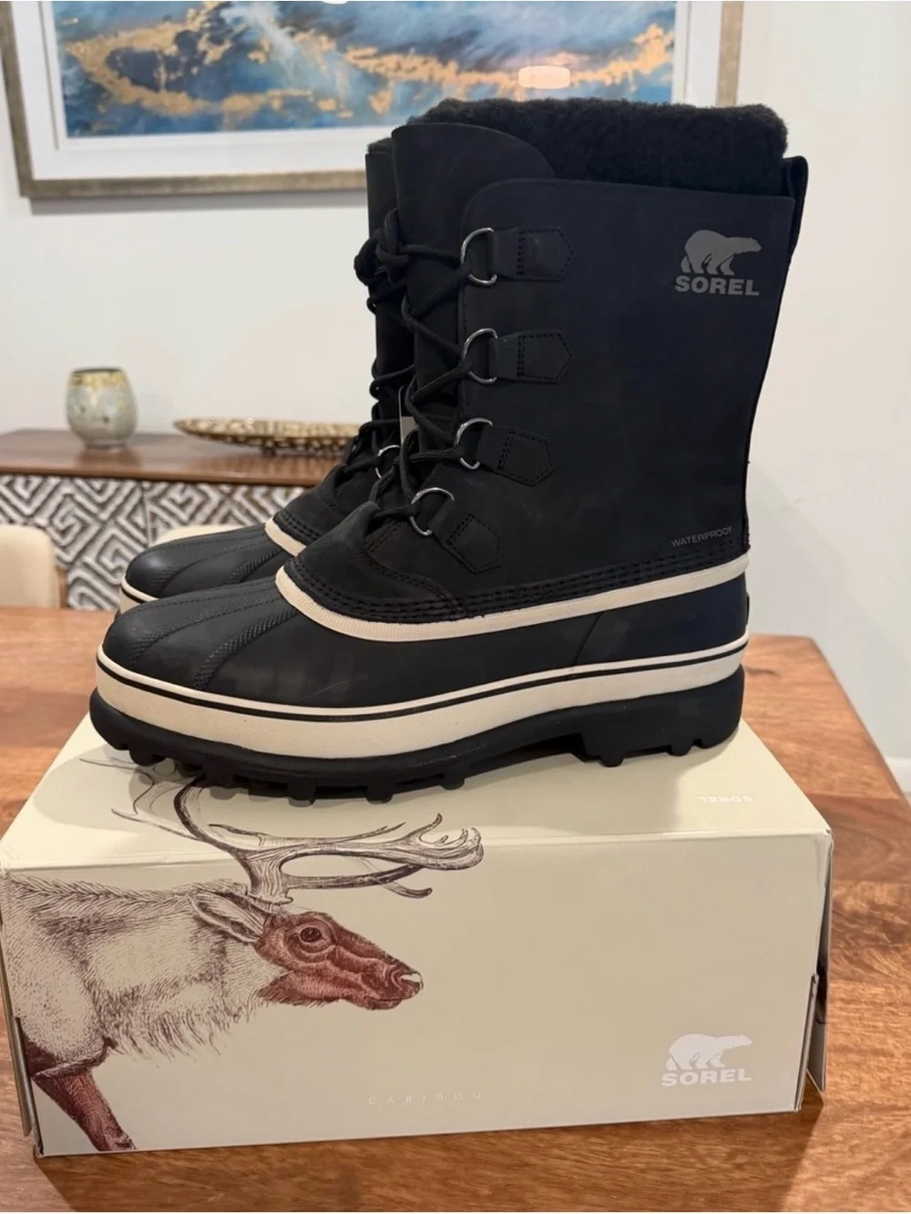 Sorel Caribou WP Black and Cream Snow & Rain Lace-Up Boots Size 10M/11.5W BNIB